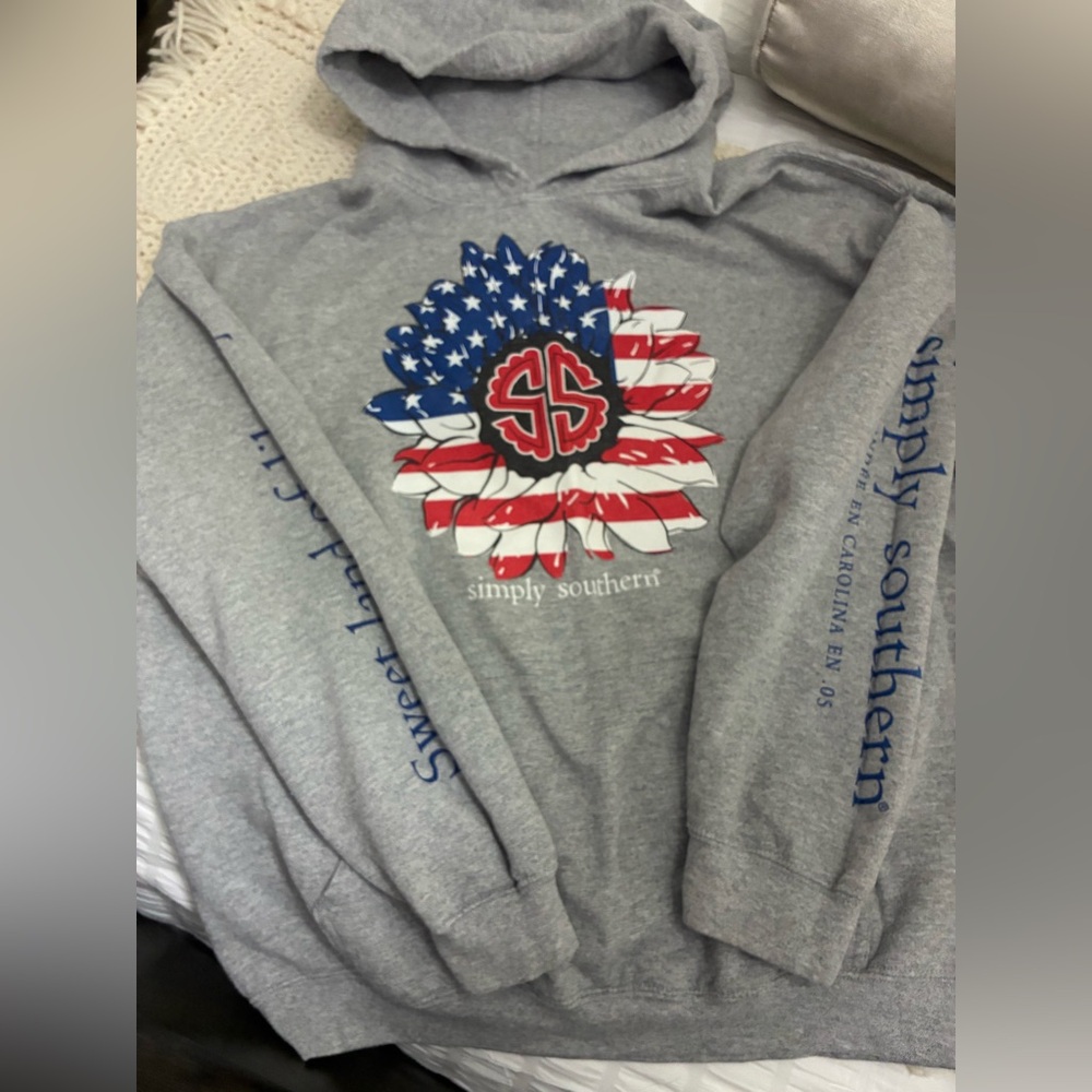 Simply Southern Gray Hoodie with American Flag Sunflower Graphic